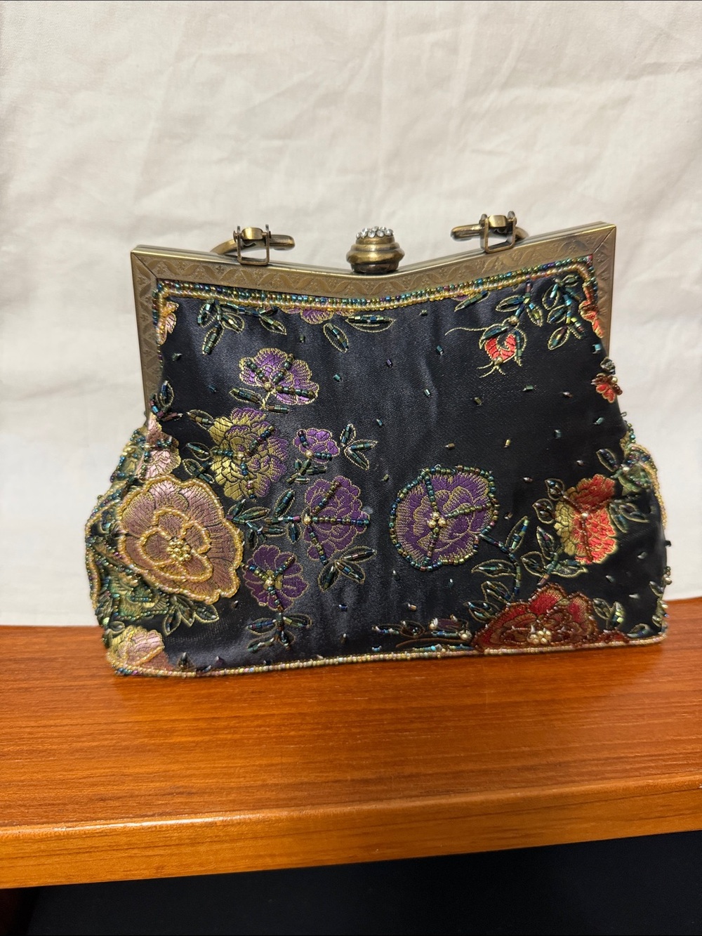 Embroidered Floral Evening Clutch with Decorative Handle - Black - Picture 2 of 5